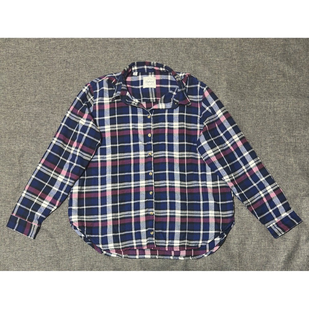 Jachs Girlfriend Womens XL Button Up Shirt Plaid Long Sleeve Blue Rayon Blend